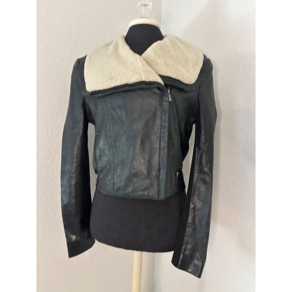 BCBGMAXAZRIA Womens Black Leather Moto Jacket Faux Shearling Collar Size L